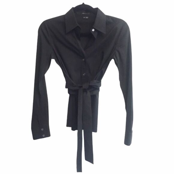 THEORY Black Button Front Long Sleeve Tie Waist Blouse Shirt XS - Picture 1 of 9